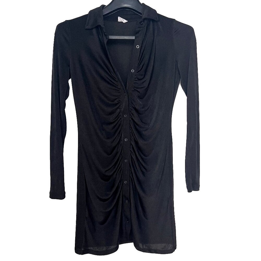 Cotton On Black Long Sleeve Ruched Mini Button Up Dress